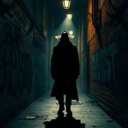 A mysterious, shadowy figure in a dimly lit alley, embodying the concepts of betrayal and moral corruption