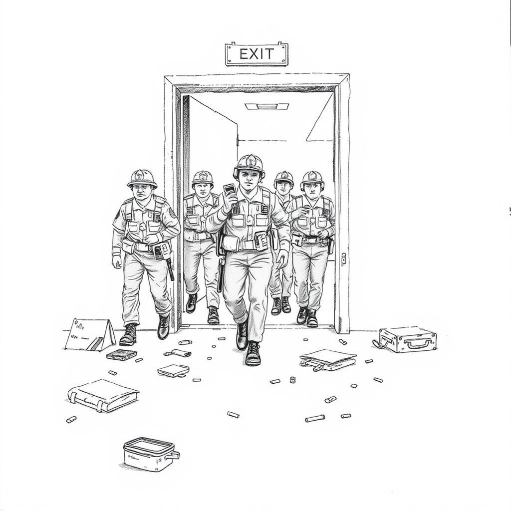 A pencil drawing depicting brigade members, in uniforms, leaving through an emergency exit of a factory