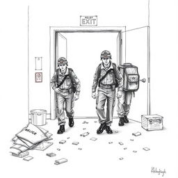 A pencil drawing depicting brigade members, in uniforms, leaving through an emergency exit of a factory