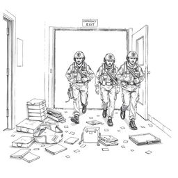 A pencil drawing depicting brigade members, in uniforms, leaving through an emergency exit of a factory