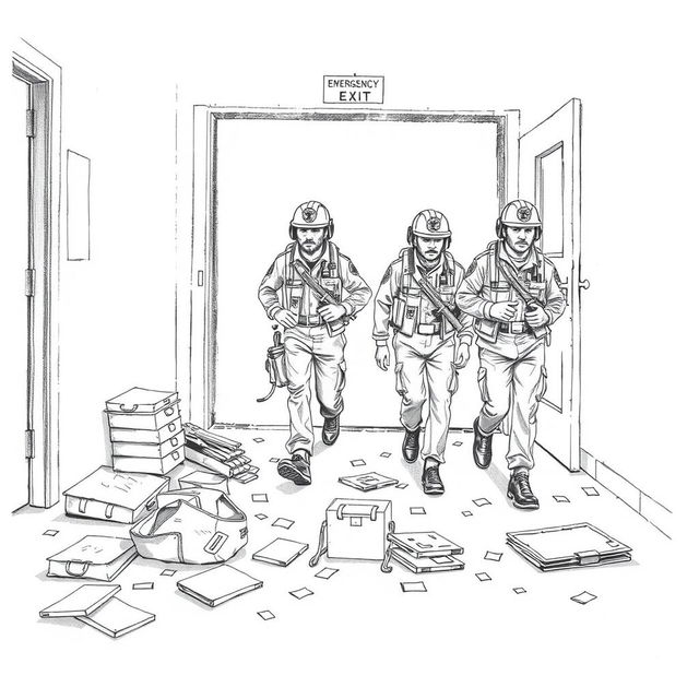 A pencil drawing depicting brigade members, in uniforms, leaving through an emergency exit of a factory