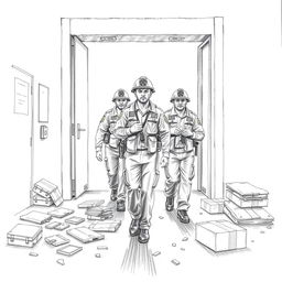 A pencil drawing depicting brigade members, in uniforms, leaving through an emergency exit of a factory