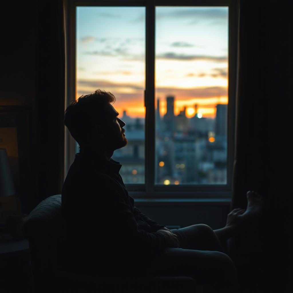 An evocative and emotionally charged scene featuring a man in a contemplative pose, sitting alone in a dimly lit room