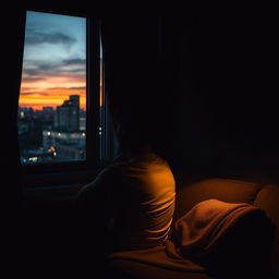 An evocative and emotionally charged scene featuring a man in a contemplative pose, sitting alone in a dimly lit room