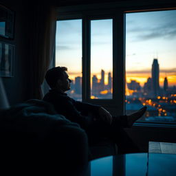 An evocative and emotionally charged scene featuring a man in a contemplative pose, sitting alone in a dimly lit room