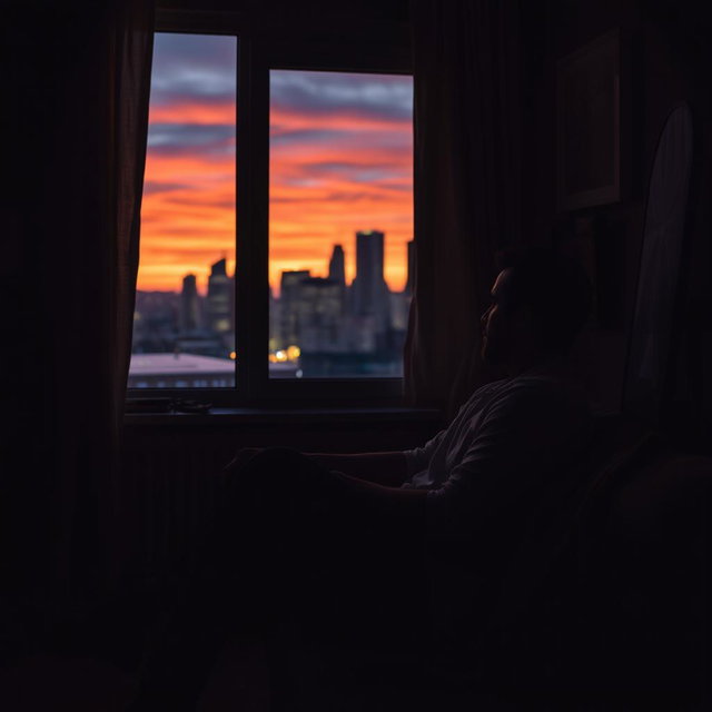 An evocative and emotionally charged scene featuring a man in a contemplative pose, sitting alone in a dimly lit room