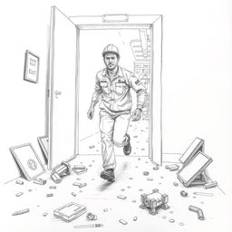 A detailed pencil drawing of a factory worker in work attire, depicted in motion as he leaves through an emergency exit of a factory