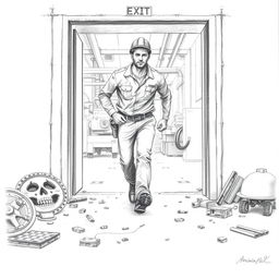 A detailed pencil drawing of a factory worker in work attire, depicted in motion as he leaves through an emergency exit of a factory