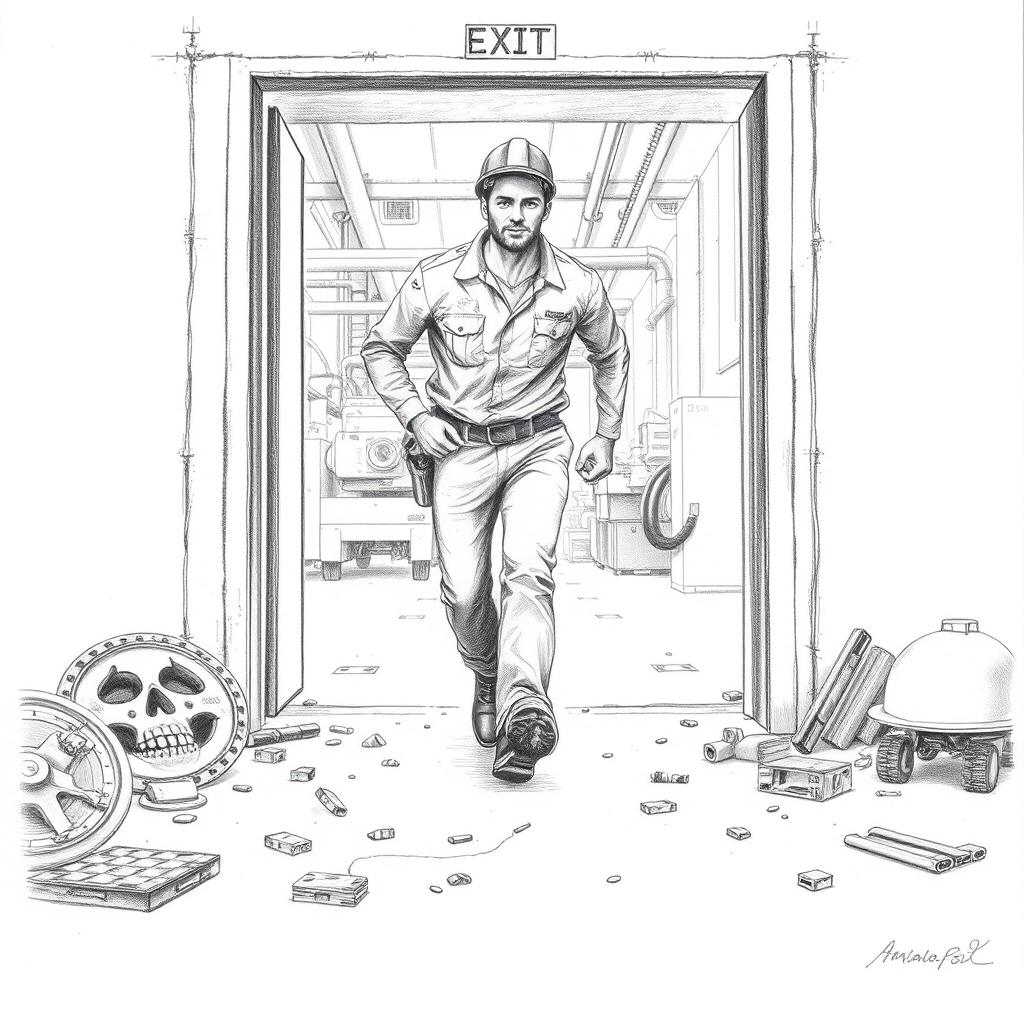 A detailed pencil drawing of a factory worker in work attire, depicted in motion as he leaves through an emergency exit of a factory