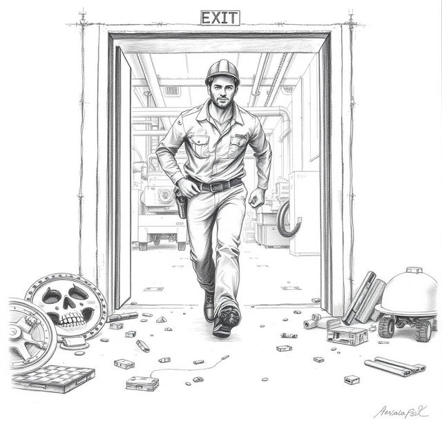 A detailed pencil drawing of a factory worker in work attire, depicted in motion as he leaves through an emergency exit of a factory