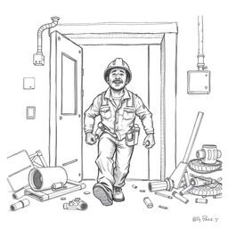 A pencil drawing of a factory worker exiting through an emergency exit, showcasing an expression of urgency