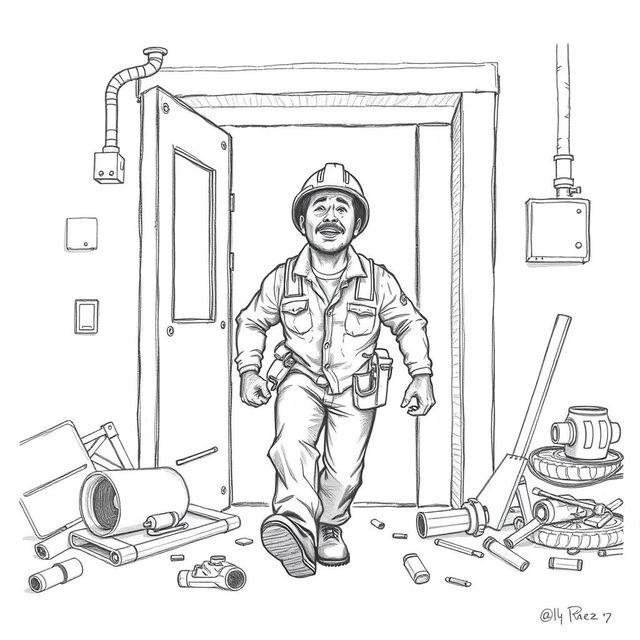 A pencil drawing of a factory worker exiting through an emergency exit, showcasing an expression of urgency