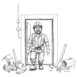 A pencil drawing of a factory worker exiting through an emergency exit, showcasing an expression of urgency