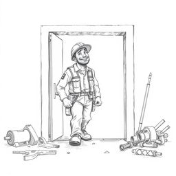 A pencil drawing of a factory worker exiting through an emergency exit, showcasing an expression of urgency
