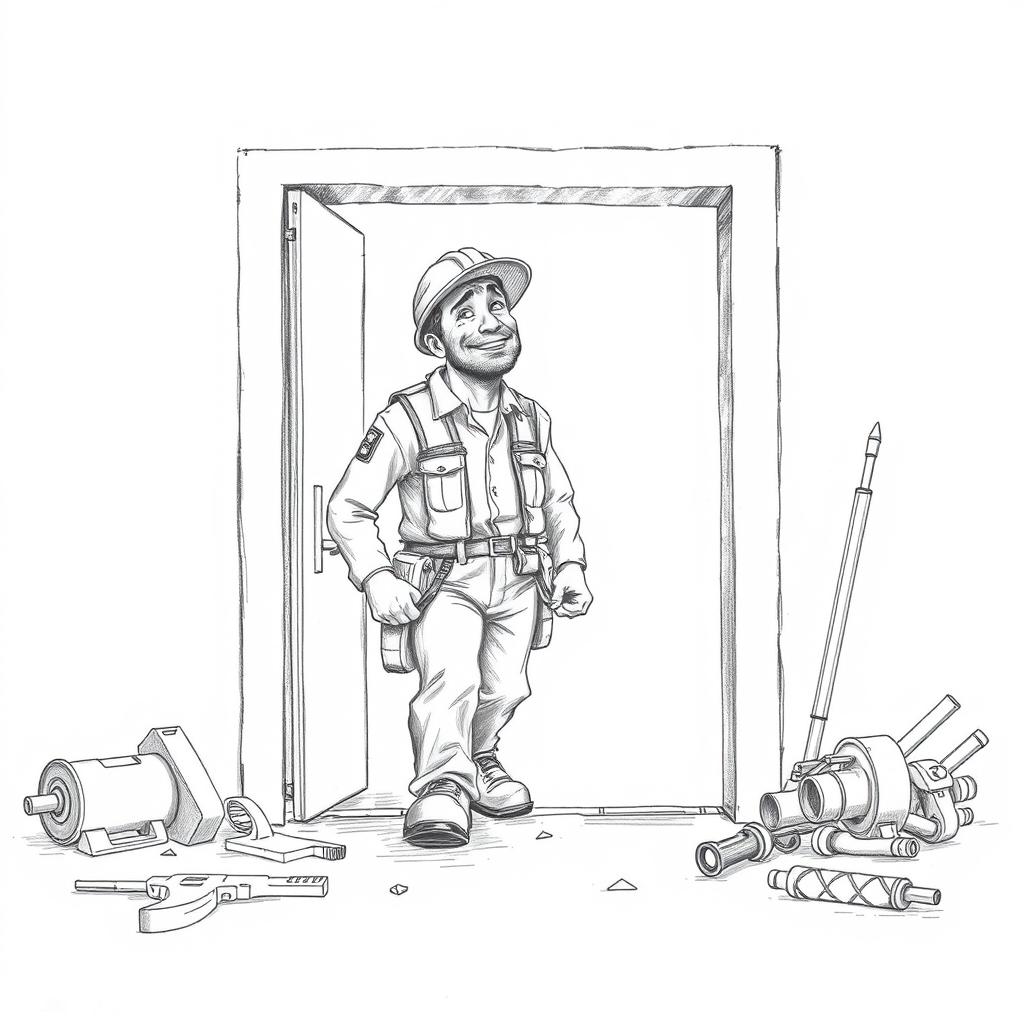 A pencil drawing of a factory worker exiting through an emergency exit, showcasing an expression of urgency