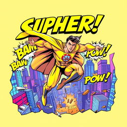 A dynamic comic book cover illustration featuring a powerful superhero in mid-action