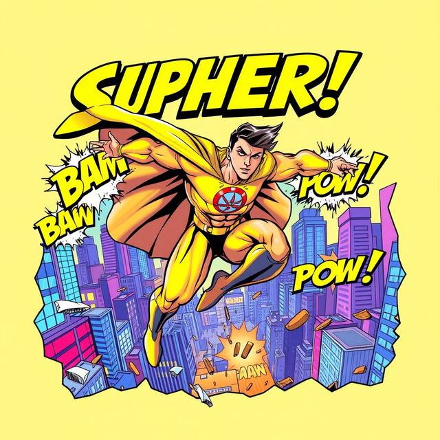 A dynamic comic book cover illustration featuring a powerful superhero in mid-action