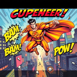 A dynamic comic book cover illustration featuring a powerful superhero in mid-action