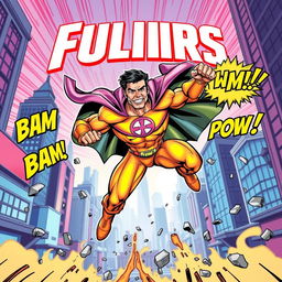 A dynamic comic book cover illustration featuring a powerful superhero in mid-action