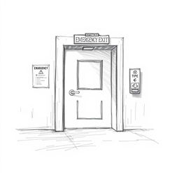 A detailed and artistic pencil sketch illustrating an emergency exit of a company, showcasing intricate reliefs and shadows to create a three-dimensional effect