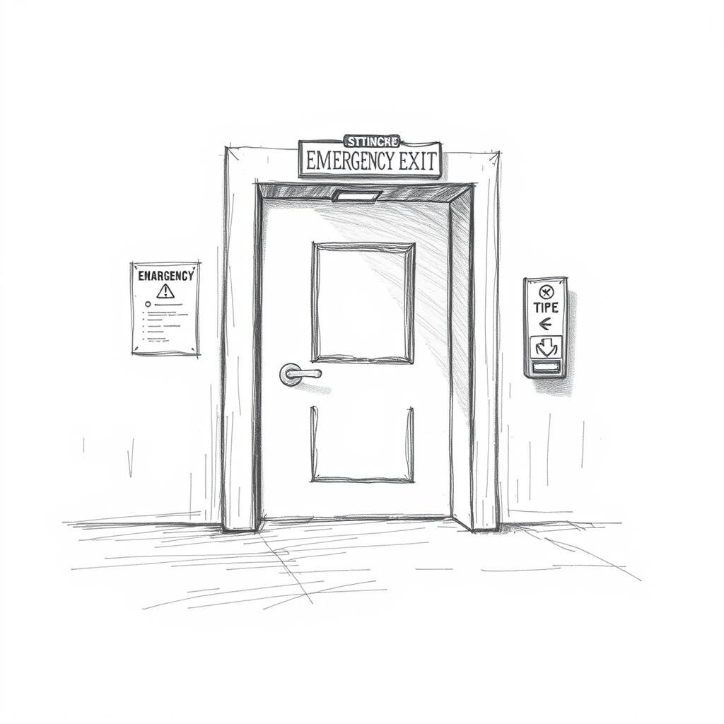 A detailed and artistic pencil sketch illustrating an emergency exit of a company, showcasing intricate reliefs and shadows to create a three-dimensional effect