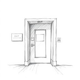 A detailed and artistic pencil sketch illustrating an emergency exit of a company, showcasing intricate reliefs and shadows to create a three-dimensional effect
