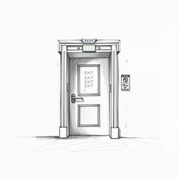 A detailed and artistic pencil sketch illustrating an emergency exit of a company, showcasing intricate reliefs and shadows to create a three-dimensional effect