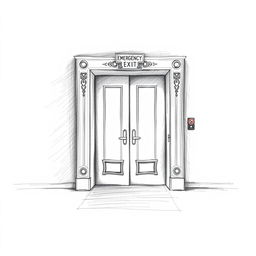 A detailed and artistic pencil sketch illustrating an emergency exit of a company, showcasing intricate reliefs and shadows to create a three-dimensional effect