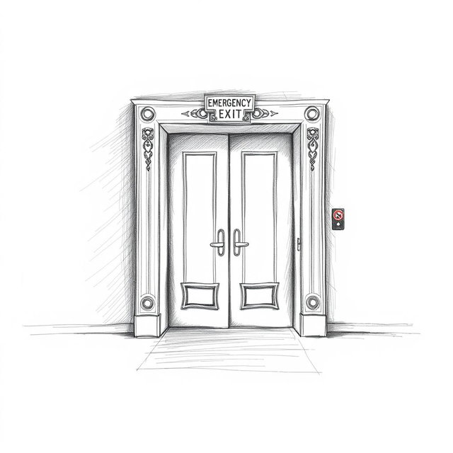 A detailed and artistic pencil sketch illustrating an emergency exit of a company, showcasing intricate reliefs and shadows to create a three-dimensional effect