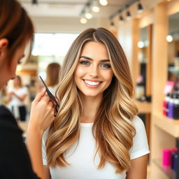 A woman with long hair, cut just below her shoulders, standing in a bright and airy salon