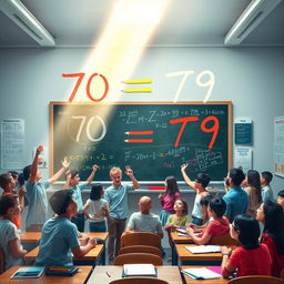 A surreal and vibrant classroom setting, where a giant mathematical equation floats in the air, showing the transformation of a grade from 70 to 79