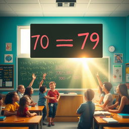 A surreal and vibrant classroom setting, where a giant mathematical equation floats in the air, showing the transformation of a grade from 70 to 79