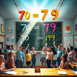 A surreal and vibrant classroom setting, where a giant mathematical equation floats in the air, showing the transformation of a grade from 70 to 79