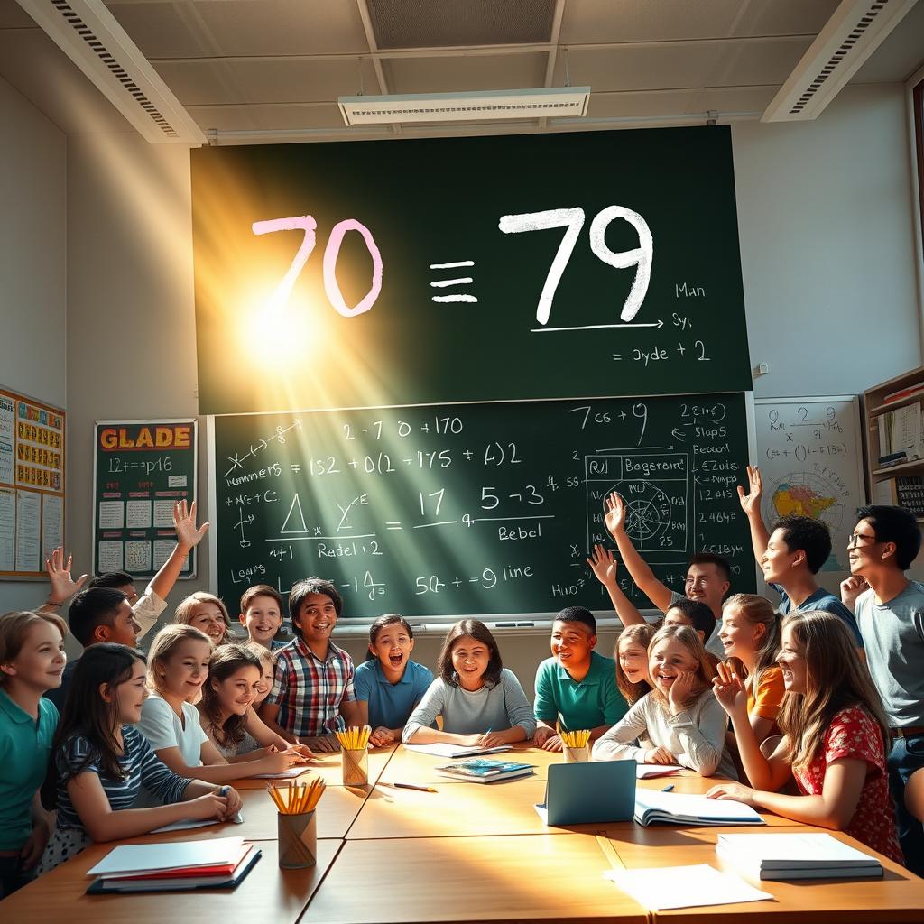 A surreal and vibrant classroom setting, where a giant mathematical equation floats in the air, showing the transformation of a grade from 70 to 79