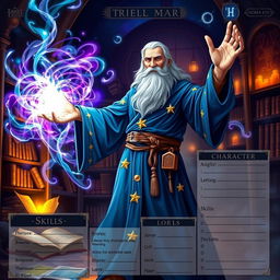 A fantasy-themed character sheet depicting a powerful wizard casting a spell