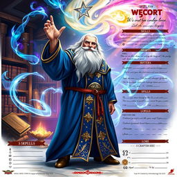 A fantasy-themed character sheet depicting a powerful wizard casting a spell