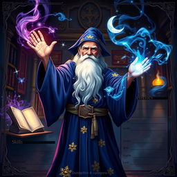 A fantasy-themed character sheet depicting a powerful wizard casting a spell