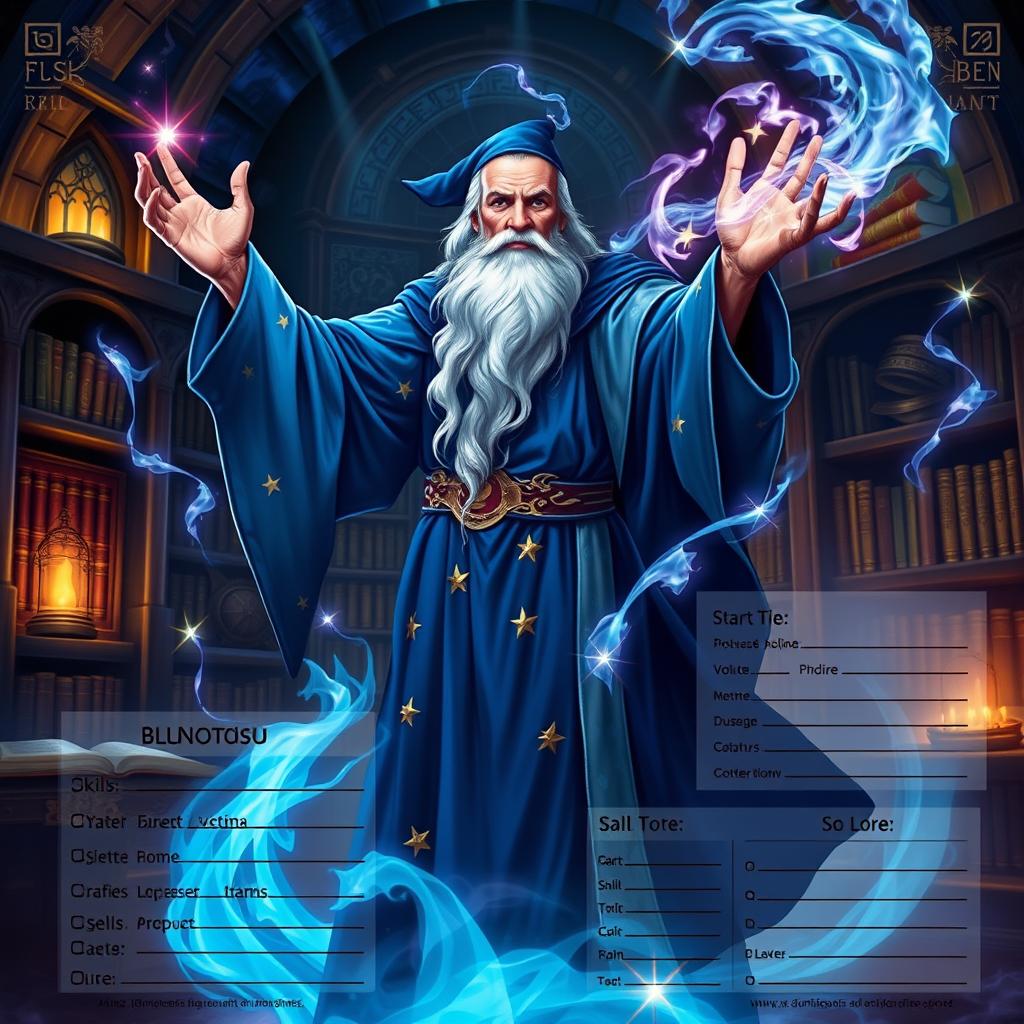 A fantasy-themed character sheet depicting a powerful wizard casting a spell