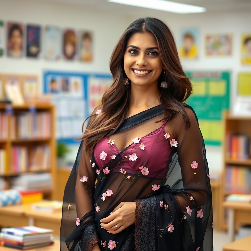 A beautiful teacher draped in a black transparent saree adorned with delicate pink flowers, showcasing elegance and grace