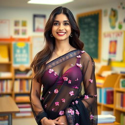 A beautiful teacher draped in a black transparent saree adorned with delicate pink flowers, showcasing elegance and grace