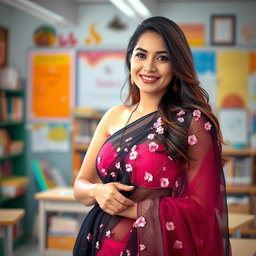 A beautiful teacher draped in a black transparent saree adorned with delicate pink flowers, showcasing elegance and grace