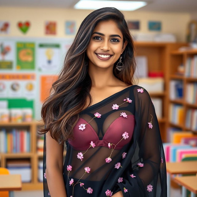 A beautiful teacher draped in a black transparent saree adorned with delicate pink flowers, showcasing elegance and grace