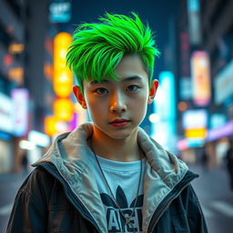 A striking portrait of a handsome Korean boy with vibrant green neon hair, his eyes shining with youth and charisma