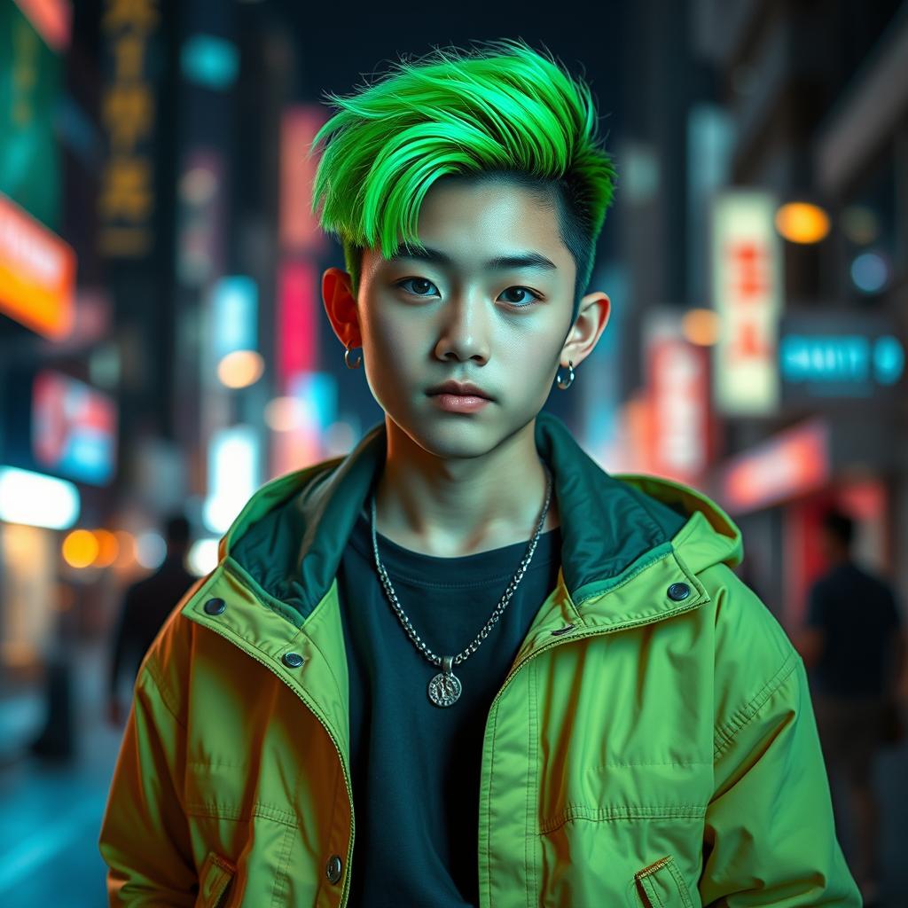 A striking portrait of a handsome Korean boy with vibrant green neon hair, his eyes shining with youth and charisma