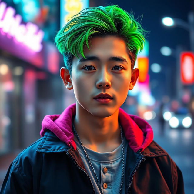 A striking portrait of a handsome Korean boy with vibrant green neon hair, his eyes shining with youth and charisma