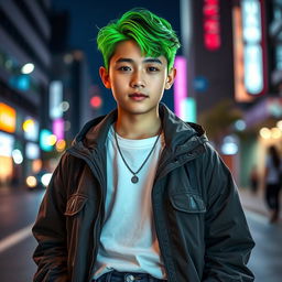 A striking portrait of a handsome Korean boy with vibrant green neon hair, his eyes shining with youth and charisma
