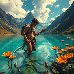 A magical scene depicting a man named Cayetano, walking through the enchanting mountain trails, arriving at a breathtaking lagoon