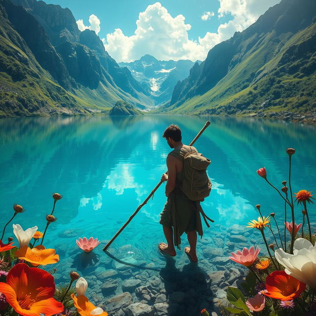 A magical scene depicting a man named Cayetano, walking through the enchanting mountain trails, arriving at a breathtaking lagoon