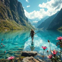 A magical scene depicting a man named Cayetano, walking through the enchanting mountain trails, arriving at a breathtaking lagoon