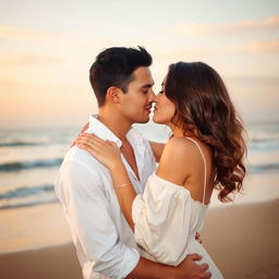 A romantic scene featuring a couple in an intimate embrace, leaning in for a tender kiss